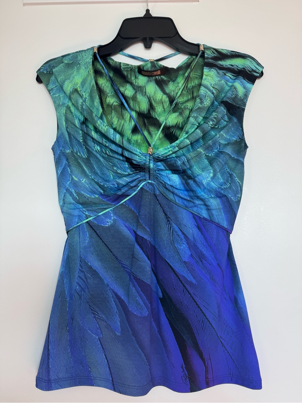 Roberto Cavalli | Blue and Green Feather-Print Tank Top